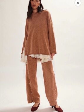 Free People Cozy Button-Trim Wide Leg Pants in Warm Camel